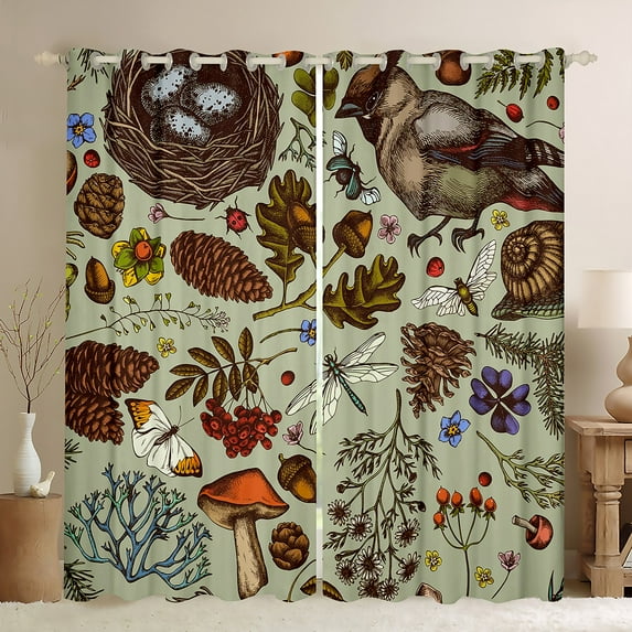 Erosebridal Lovely Chicken Window Curtains,Cartoon Mushroom Cute Butterfly Dragonfly Animal Curtains & Drapes,Retro Wild Plants Blackout Curtains 42x90 inch,Rustic Style Curtains for Bedroom