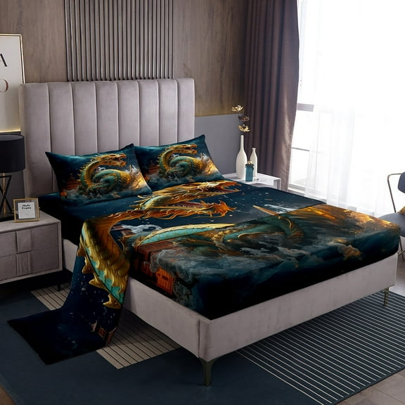 Erosebridal Magic Dragon Bed Set Adult Dragon Bed Sheets Set, Mysterious Animal Sheet Set Full Navy Blue Gold Turqoise Green Sheets, Mystic Universe Top Sheet