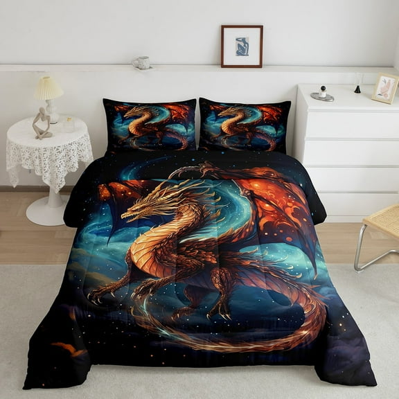 Magic Dragon Comforter Set King Size 3D Pterosaur Bedding Set, Magical Aesthetic Down Comforter Gradient Red Navy Blue Duvet Insert, Cartoon Dinosaur Bedding Comforter Sets 2 Pillowcase