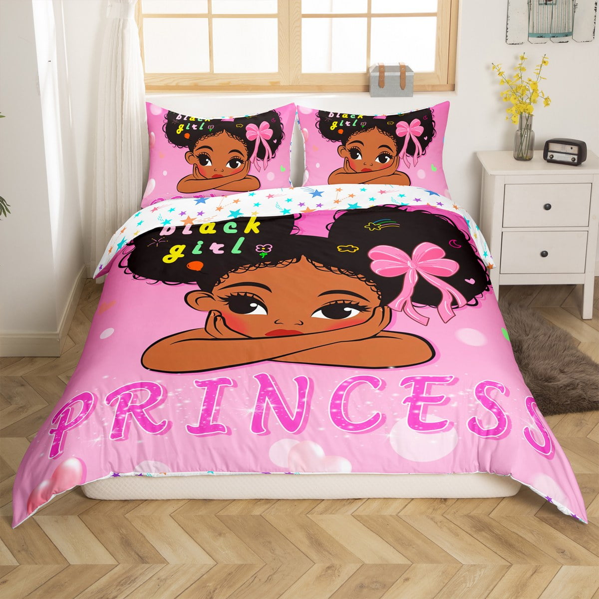 YST Magical Black Girls Bed Set Little Princess Duvet Cover King for Kids Toddler Child, Pink ...