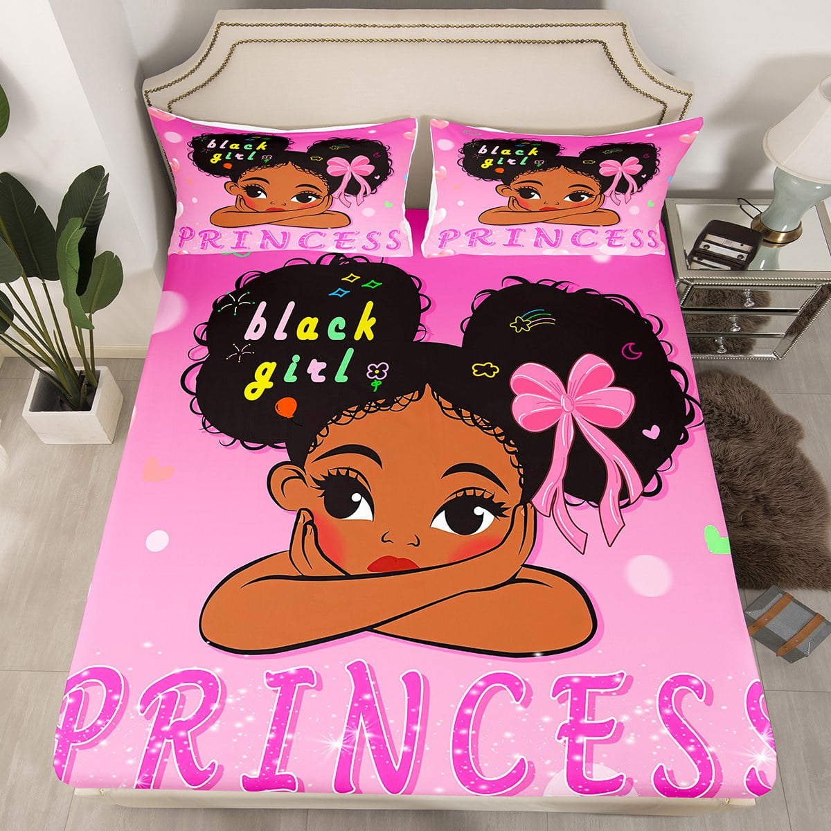 YST Magical Black Girls Bed Sheets Little Princess Fitted Sheet Full