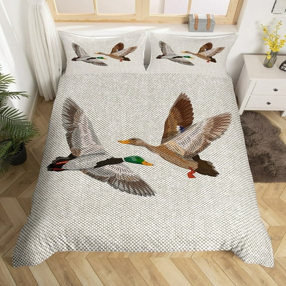 Mallard Duck Bed Set Wild Animal Duvet Cover, Grey Honeycomb Bedding Set King Lake Wildlife Comforter Cover, Modern Geometric Hexagon Bed Cover Hunting Theme Home Decor 3pcs (No Comforter)
