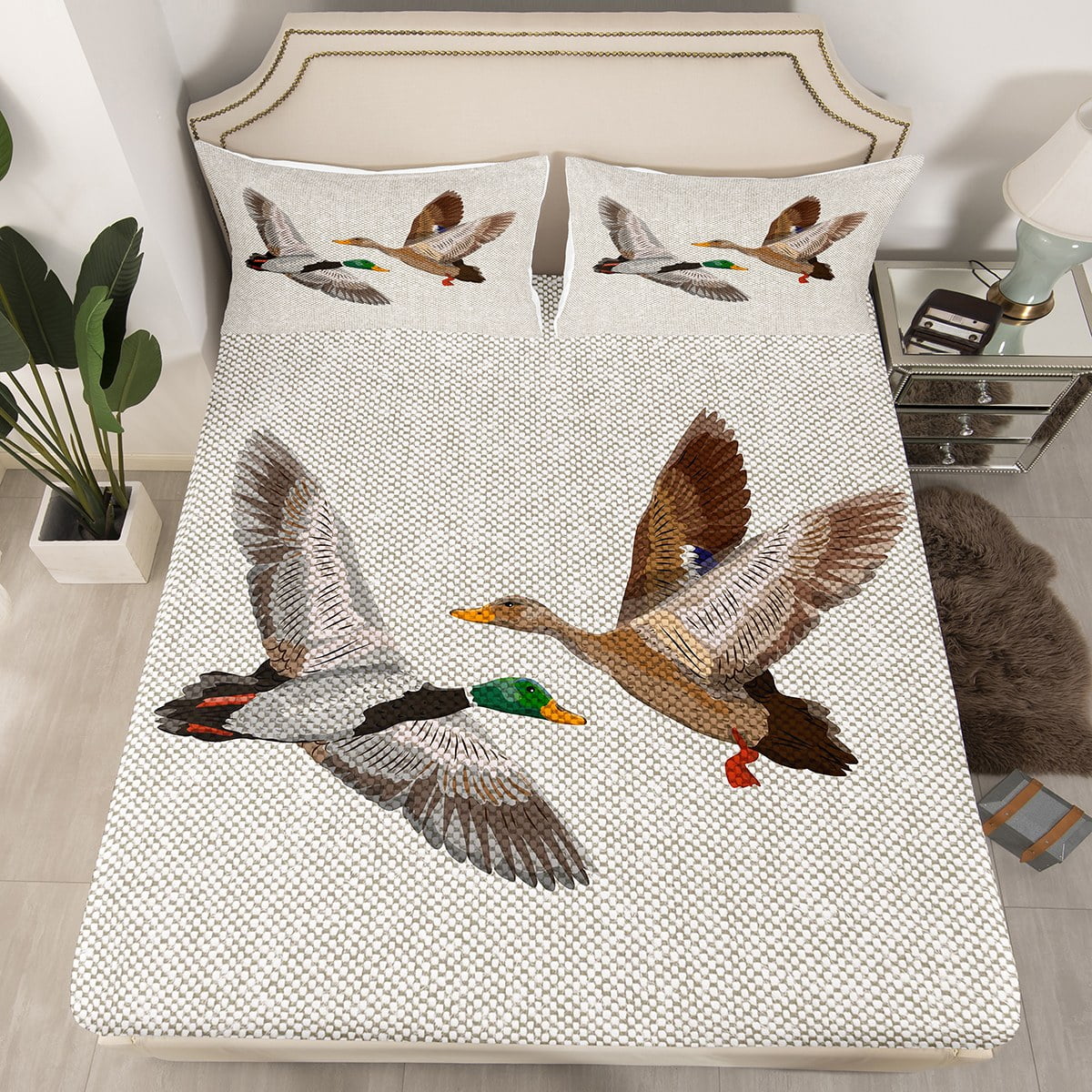 YST Mallard Duck Bed Sheets Wild Animal Fitted Sheet Twin Size, Grey Sheets Lake