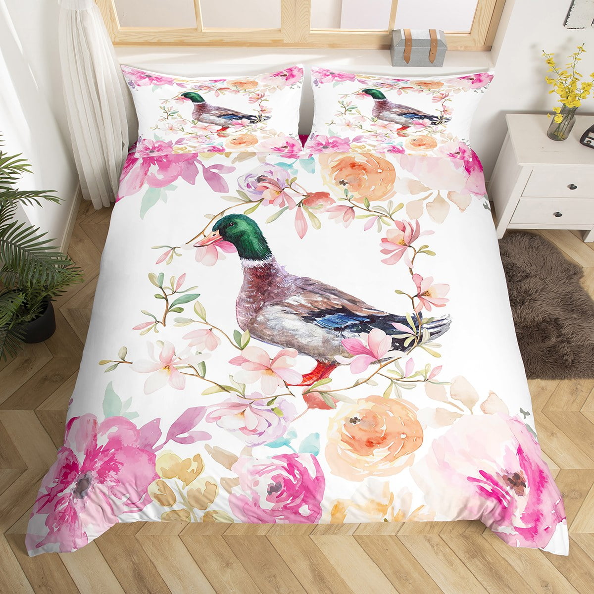 YST Mallard Duck Bedding Sets Twin Cute Animal Comforter Cover, Pink Cherry Blossoms Bed Set