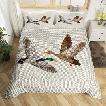YST Mallard Duck Bedding Sets Twin Wild Animal Comforter Cover, Grey Honeycomb Bed Set Lake Wildlife Duvet Cover, Modern Geometric Hexagon Quilt Cover Hunting Theme Home Decor 2pcs