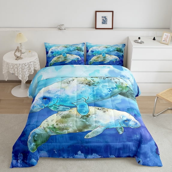 Manatee Bedding Set Twin,Cartoon Manatee Comforter Set ,Manatee Couple Down Comforter,Watercolor Sea Animals Duvet Set Manatee Lovers Gift,Ocean Underwater Quilt