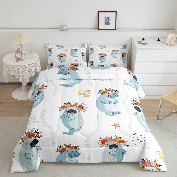 Erosebridal Manatee Comforter Set Manatee Lovers,Cartoon Funny Manatee Bedding Set,Cute Manatee Floral Down Comforter,Starfish Underwater Sealife Quilted Duvet Manatee Gift,Twin 2Pcs