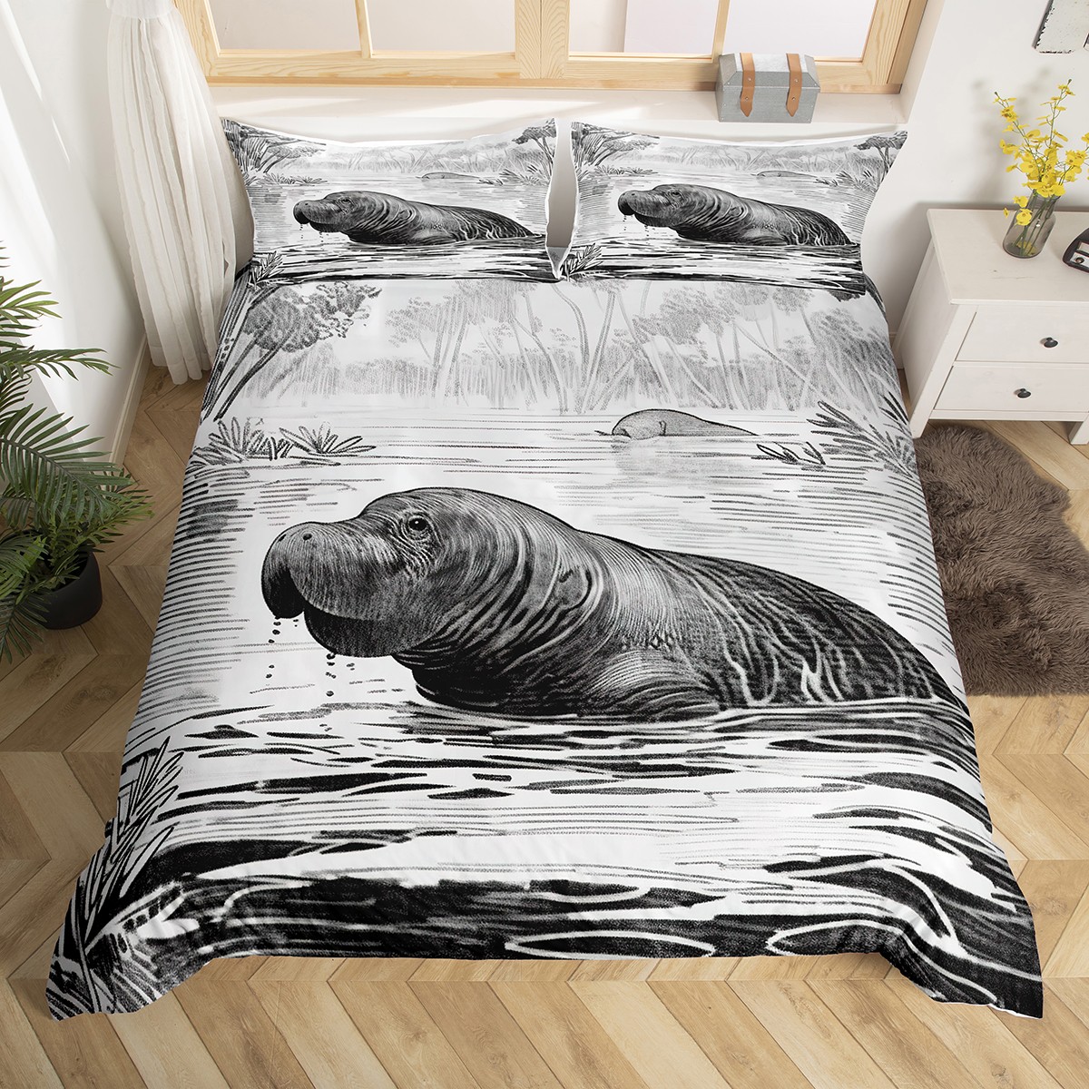YST Manatee Duvet Cover Queen, Sea Cows Bedding Set For Adult, Vintage