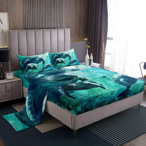 Manatee Family Bed Sheets Set Queen,Watercolor Manatee Sheets,Cartoon Animals Flat Fitted Sheet,Underwater Ocean Themed Sheet Set,Teal Blue Green Bedroom Decor Top Sheet with Deep Pocket