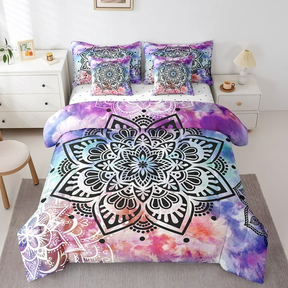 Mandala 7 Pcs Comforter Set King Size Tie Dye Bedding Set Teens Women Boho Mandala Bed In A Bag Sheet Set Hippie Exotic Blue Purple Duvet Set