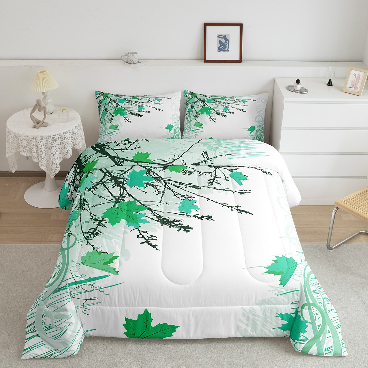 YST Maple Leaves Comforter Set Queen, Mint Green Fall Leaf Bedding