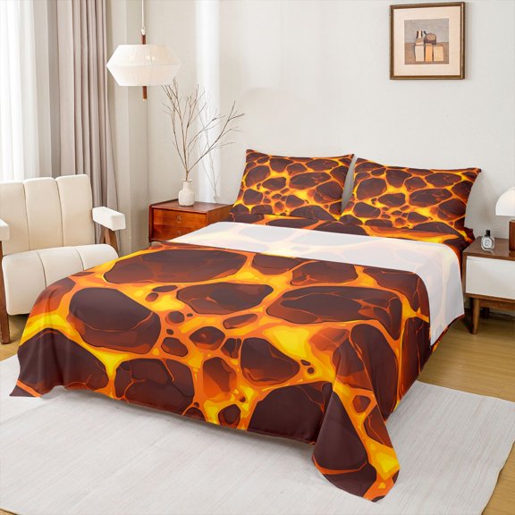 Marble Magma Twin Sheets Modern Geometric Bed Set, Burning Orange Bed Sheets Set Fire Flame Sheet Set, Aesthetic Artwork Bedding Set Lightweight 1 Pillowcase