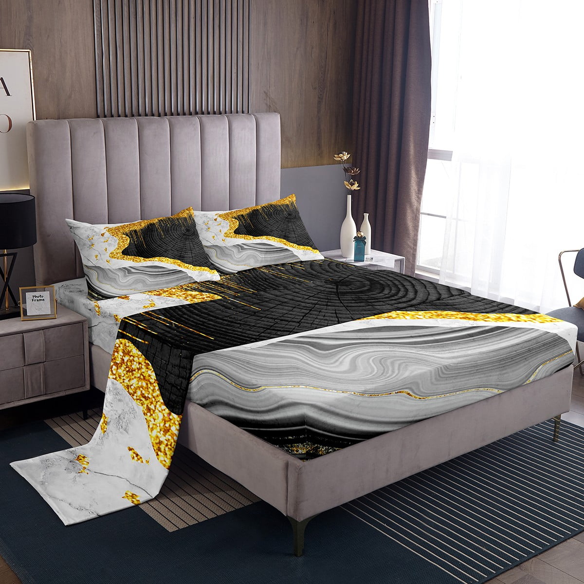 YST Marble Sheets Black and Gold Bed Sheets Set Watercolor Abstract Art