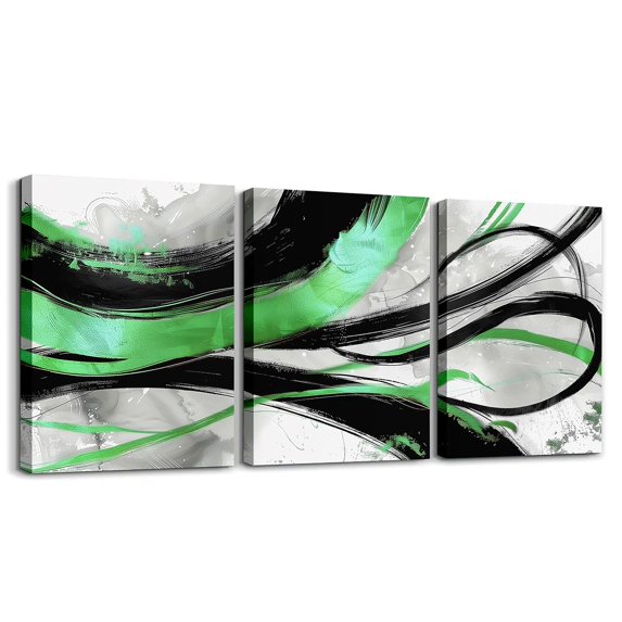 Marbling Canvas Wall Art Watercolor Geometry Marble Wall Decorations Modern Abstract Aesthetic Poster Prints Green Black Lines Minimalism Artwork Pictures for Bedroom 12"X16"X3Pcs