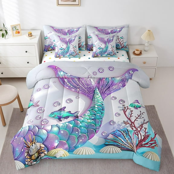 Mermaid Bed in a Bag Queen Comforter Set 7 Piece,Ocean Fish Scales Bedding Sets Coastal Nautical Sea Animals Shell Coral Underwater World Sheet Set with Comforter,Blue Purple