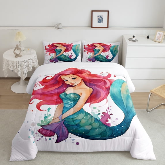 Mermaid Comforter Set King Underwater Bedding Cute Marine Life Princess Bedding Comforter Sets Cartoon Fantasy Red Teal Mermaid Tail Bedroom Decor Lightweight Quilt