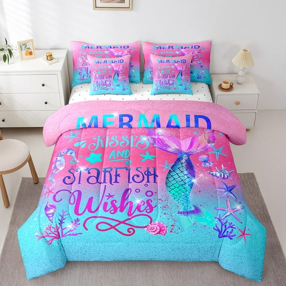 Mermaid Comforter Set Queen,Cartoon Fish Scale Bed in A Bag Women,Girly Watercolor Ombre Mermaid Tail Bedding Set,Coral Shell Starfish Reversible Bed Sets with Sheet Set