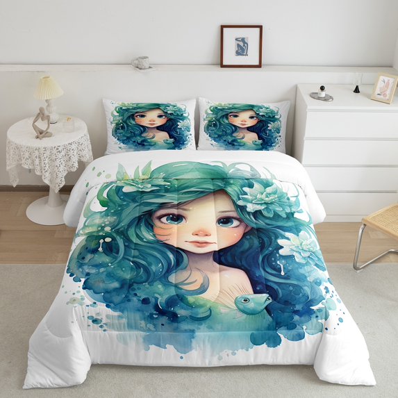 Mermaid Comforter Set Queen Princess Bedding Underwater Marine Life Bedding Comforter Sets Watercolor Fantasy Light Green Mermaid Tail Bedroom Decor Lightweight Quilt