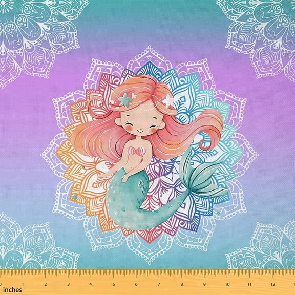 Erosebridal Mermaid Fabric By The Yard, Boho Flower Upholstery Fabric, Colorful Mandala Ocean Anchor Decorative Fabric, Summer Exotic Ombre Geometric DIY Indoor Outdoor Fabric, Blue Purple, 1 Yard