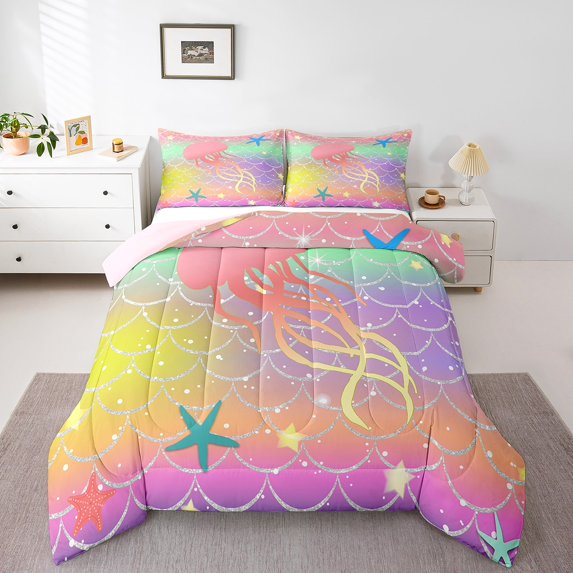 Erosebridal Mermaid Fish Scales Bedding Sets, Jellyfish Printed Bedding for Teen Ocean Animal Rainbow Glitter Star Themed Twin Comforter Set with 1 Pillowcase