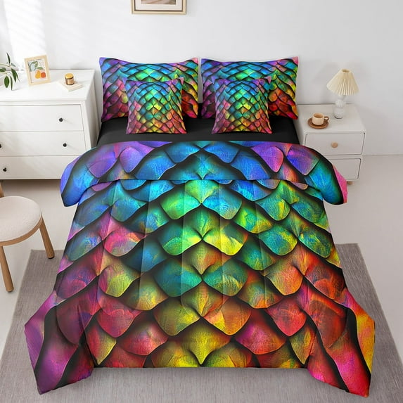 Mermaid Scales 7 Piece Comforter Set Twin,Rainbow Fish Scales Bed in a Bag with Flat Sheet and Fitted Sheet ,Ocean Marine Life Bedding Set with Pillowcase and Sham