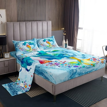 YST Mermaid Tail Bed Sheets Twin Size, Blue Marble Sheet Set Ocean Animal Sheets For Kids Girls Women Room, Girly Mermaid Marine Life Flat Sheet With 1 Pillow Case