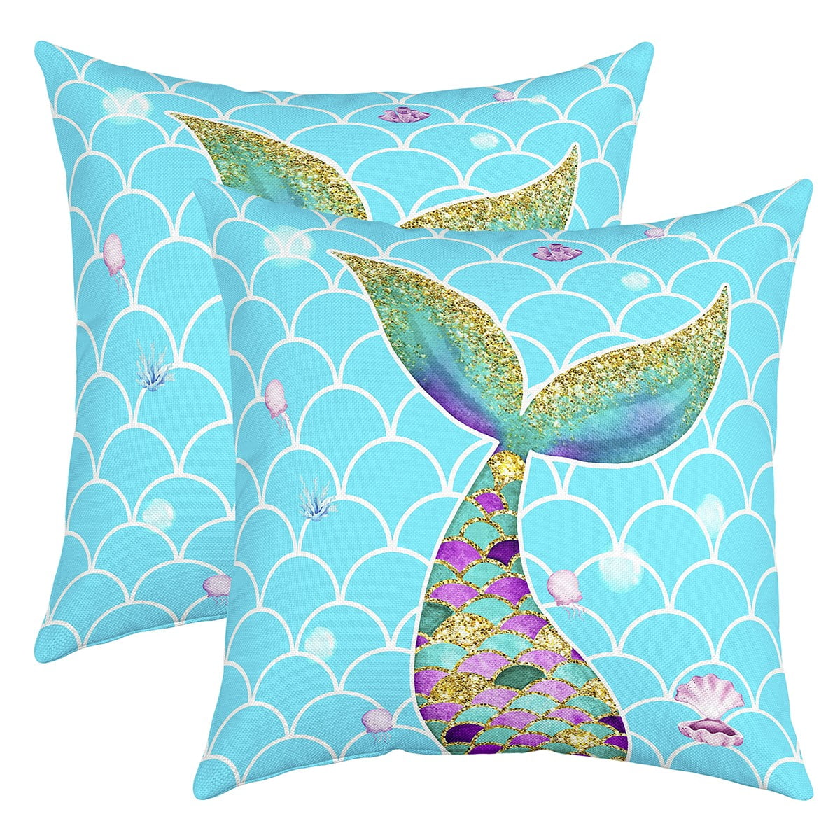 YST Mermaid Tail Pillow Covers Colorful Fish Scales Cushion Cases 24x24 inch set of 2 Coastal Shell Throw Pillow Covers for Girls Kids Boys Marine Animal Accent Pillow Cases for Living Room Walmart Bu...