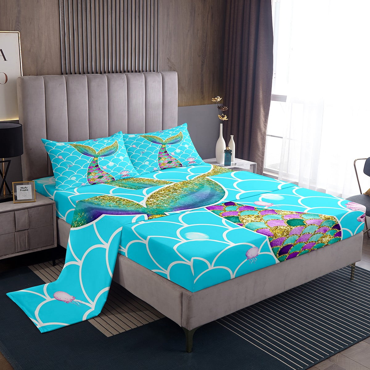 Mermaid Tail Sheets Fish Scale Sheet Set Full Kawaii Room, Glitter ...