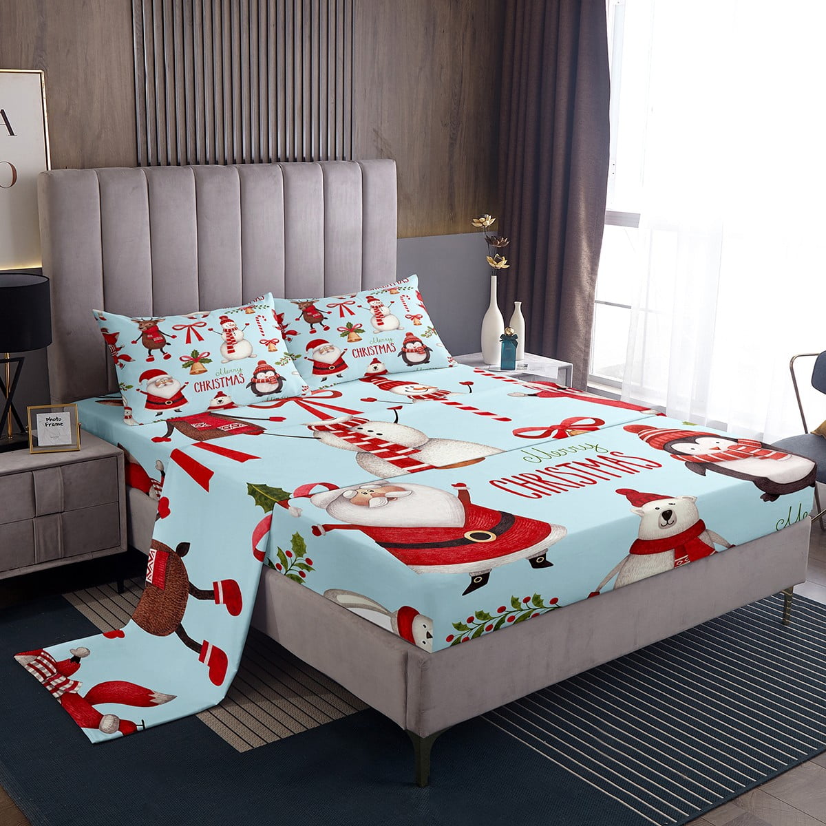 YST Merry Christmas Bed Sheets Set, Kids Santa Claus Sheet Set Twin