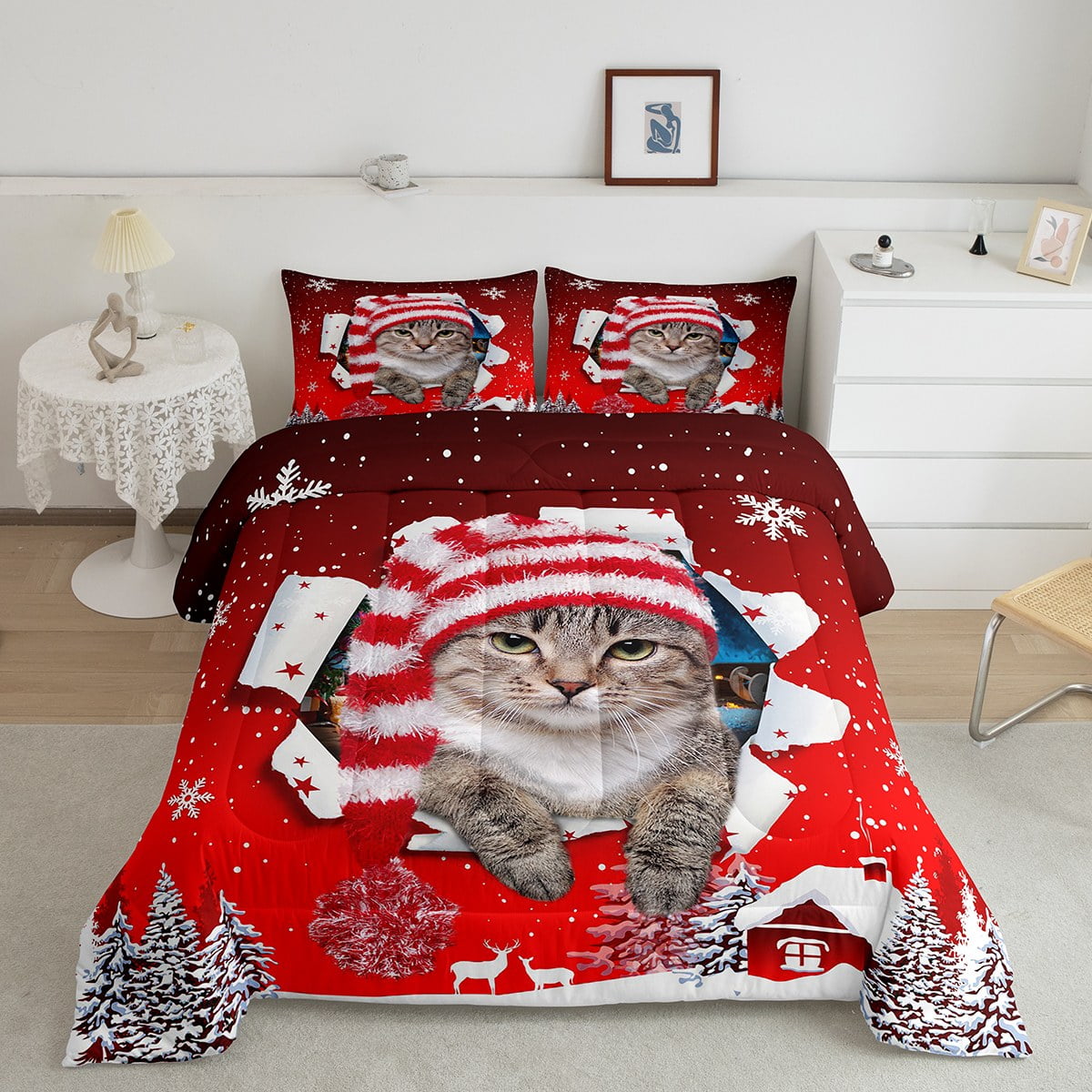 YST Merry Christmas Comforter Set Kawaii Cat Kitten Xmas Gifts Bedding