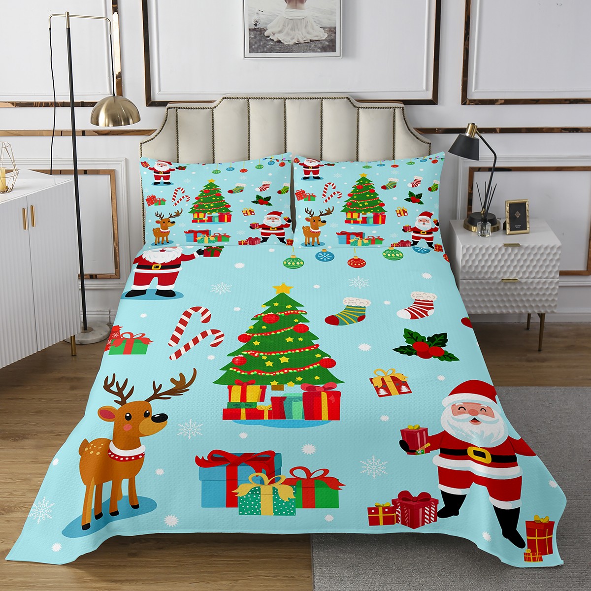 YST Merry Christmas Quilt Set Xmas Tree Bedspread Set Twin Size For