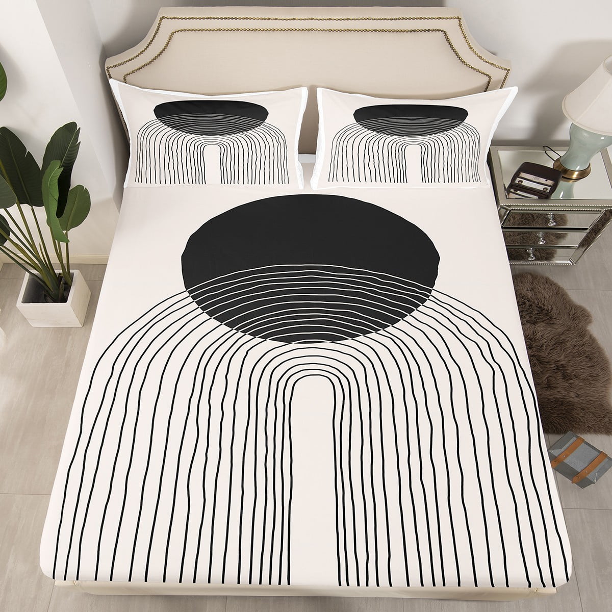 YST Mid Century Abstract Twin Fitted Sheet Grey Black Sheets Geometric ...