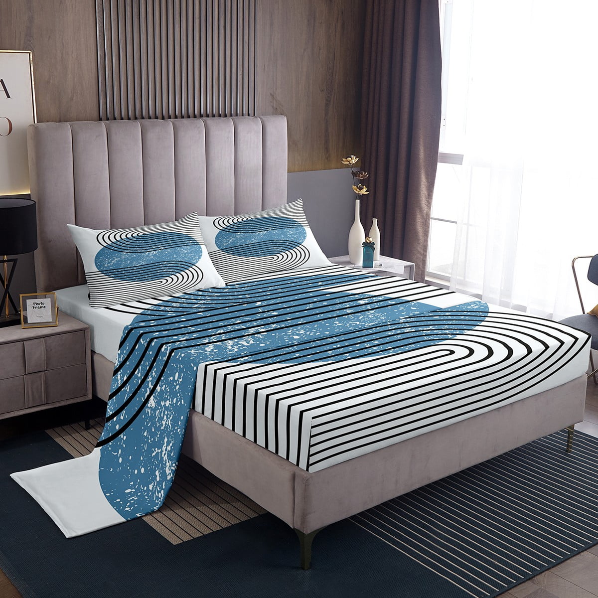 YST Mid Century Bed Set Modern Minimalism Bed Sheets Set, Navy Blue Grunge Sheet Set Full Black