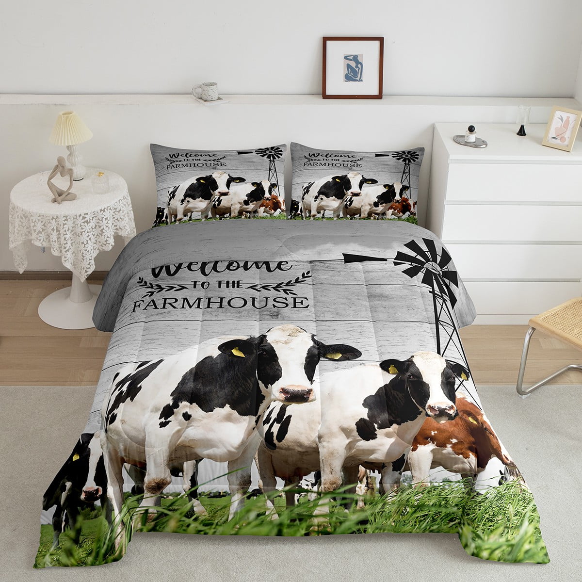 YST Milk Cow Print Bedding Set Black White Brown Farm Animal Comforter
