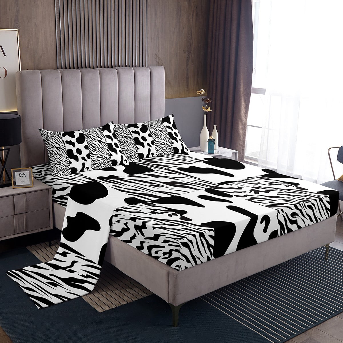 YST Milk Cow Print Sheet Set Western Bed Sheets Set King,Black and