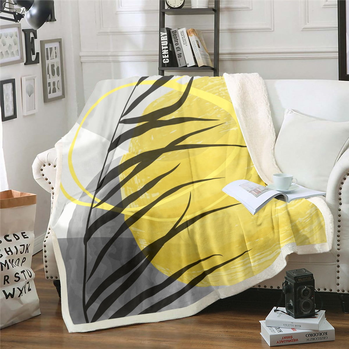 YST Minimalism Modern Fleece Blanket Grey Black Yellow Sherpa Blanket