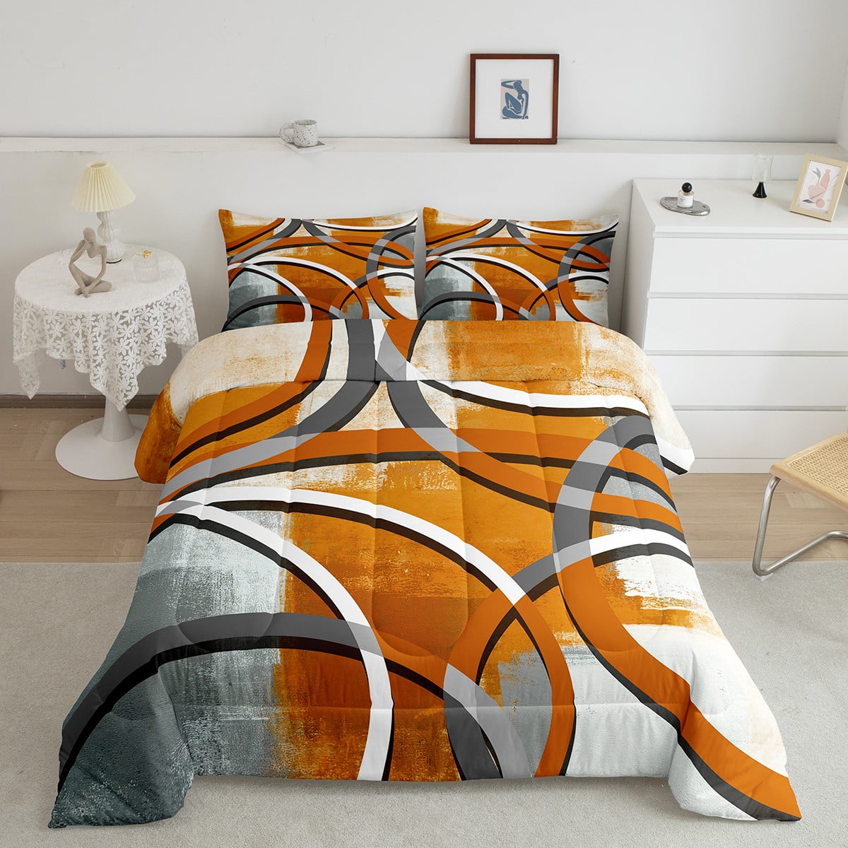 YST Modern Abstract Comforter Set Queen Orange White Patchwork Bedding