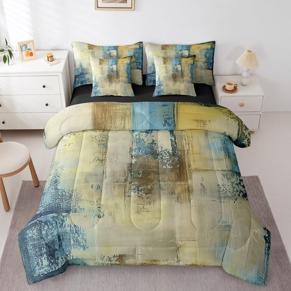 Modern Graffiti Bed in a Bag 7-Piece Abstract Pebble Grey Watercolor Bedding Comforter Sets, Retro Tie Dye Oil Painting Bedding Twin Size with Fitted Sheet and Flat Sheet