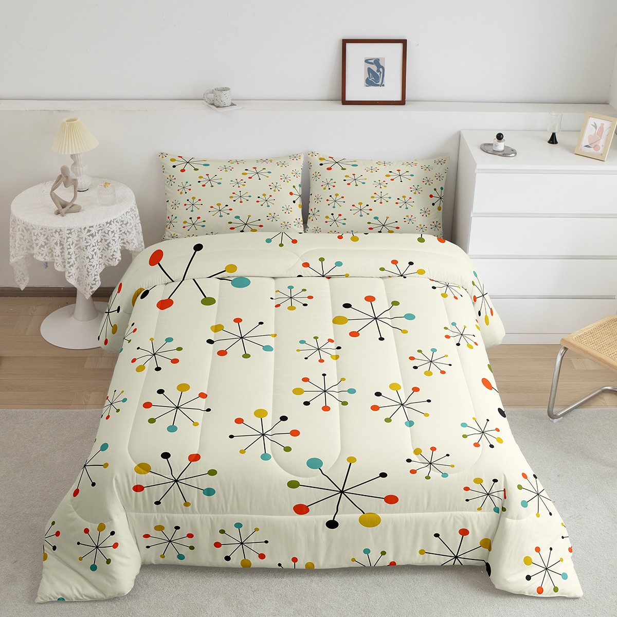 YST Modern Mid Century Comforter Full Retro Atomic Bedding Set, Rainbow Grid Down Comforter