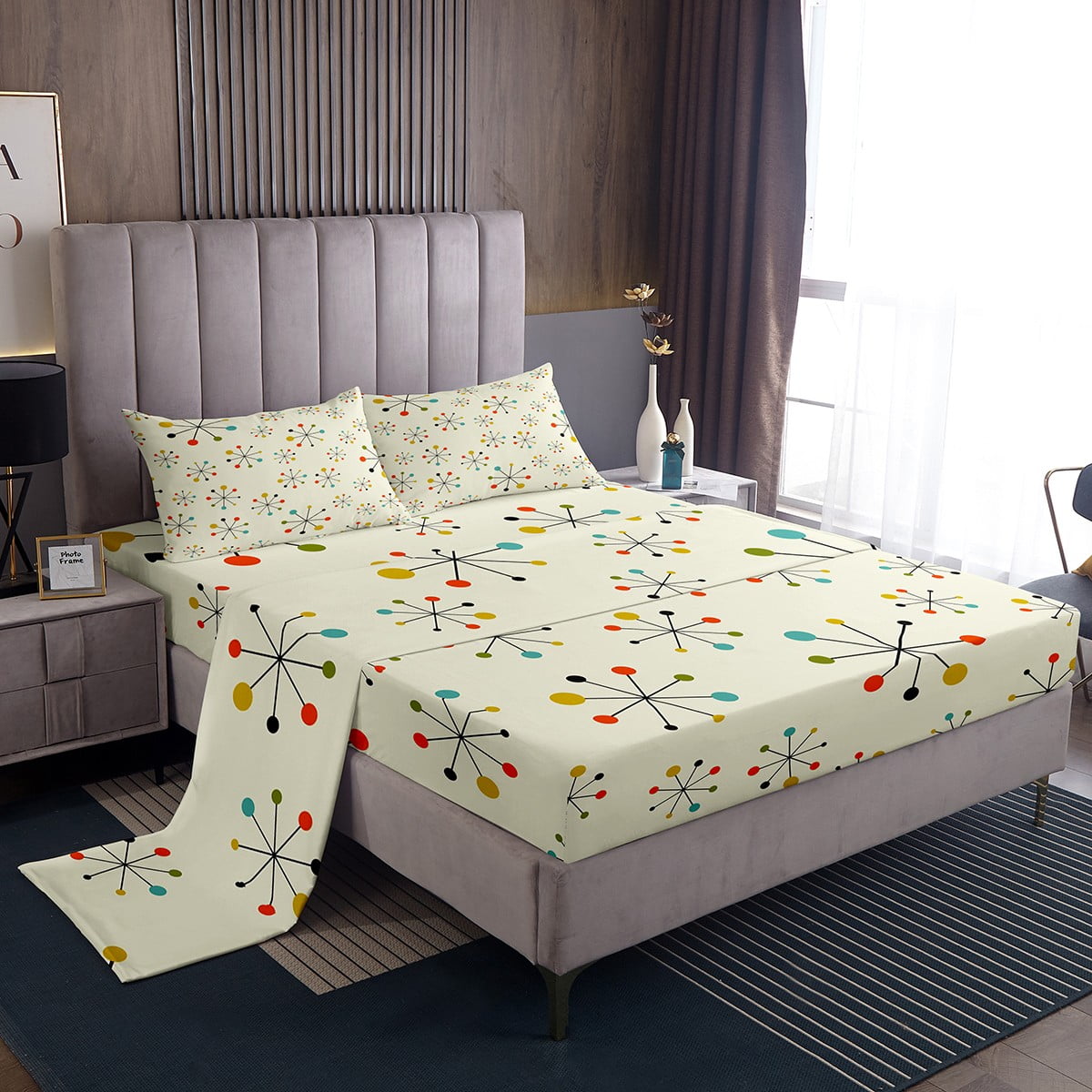 YST Modern Mid Century Full Sheets Retro Atomic Bed Set, Rainbow Grid