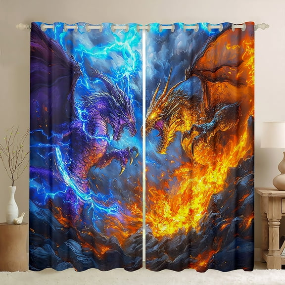 Monster Curtains & Drapes Magic Dragon 30%-50% Blackout Curtains Men, Magical Wildlife Animal Print Curtains Lightning Fire Anime Bedroom Curtains, Monster Theme Window Drapes