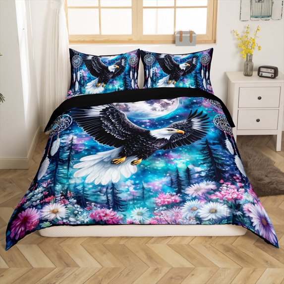 Moon Eagle Duvet Cover Twin,Exotic Dream Catcher Bedding Set Starry Sky Comforter Cover,Watercolor Daisy Plant Bed Set Bedroom Decor Zipper 2 Pcs