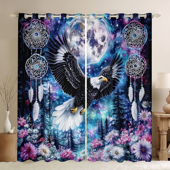 Moon Eagle Window Curtains 52"Wx63"L,Exotic Dream Catcher Curtains & Drapes Starry Sky 30%-50% Blackout Curtains,Watercolor Daisy Plant Window Treatments 2 Panels