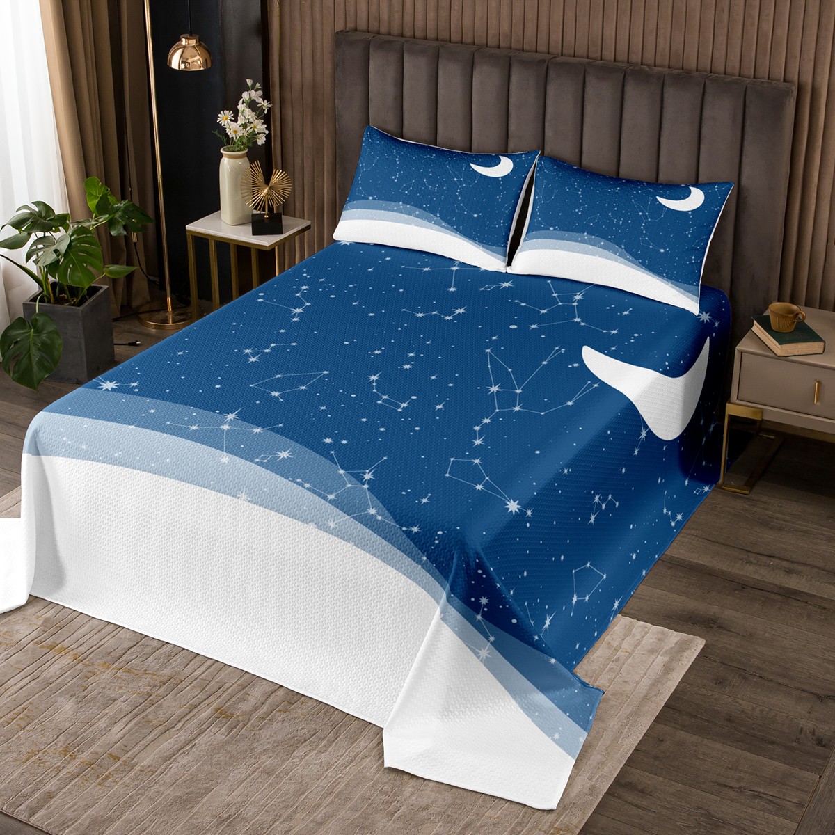 YST Moon Print Bedspread King Size Sparkle Stars Quilt Set for Kids
