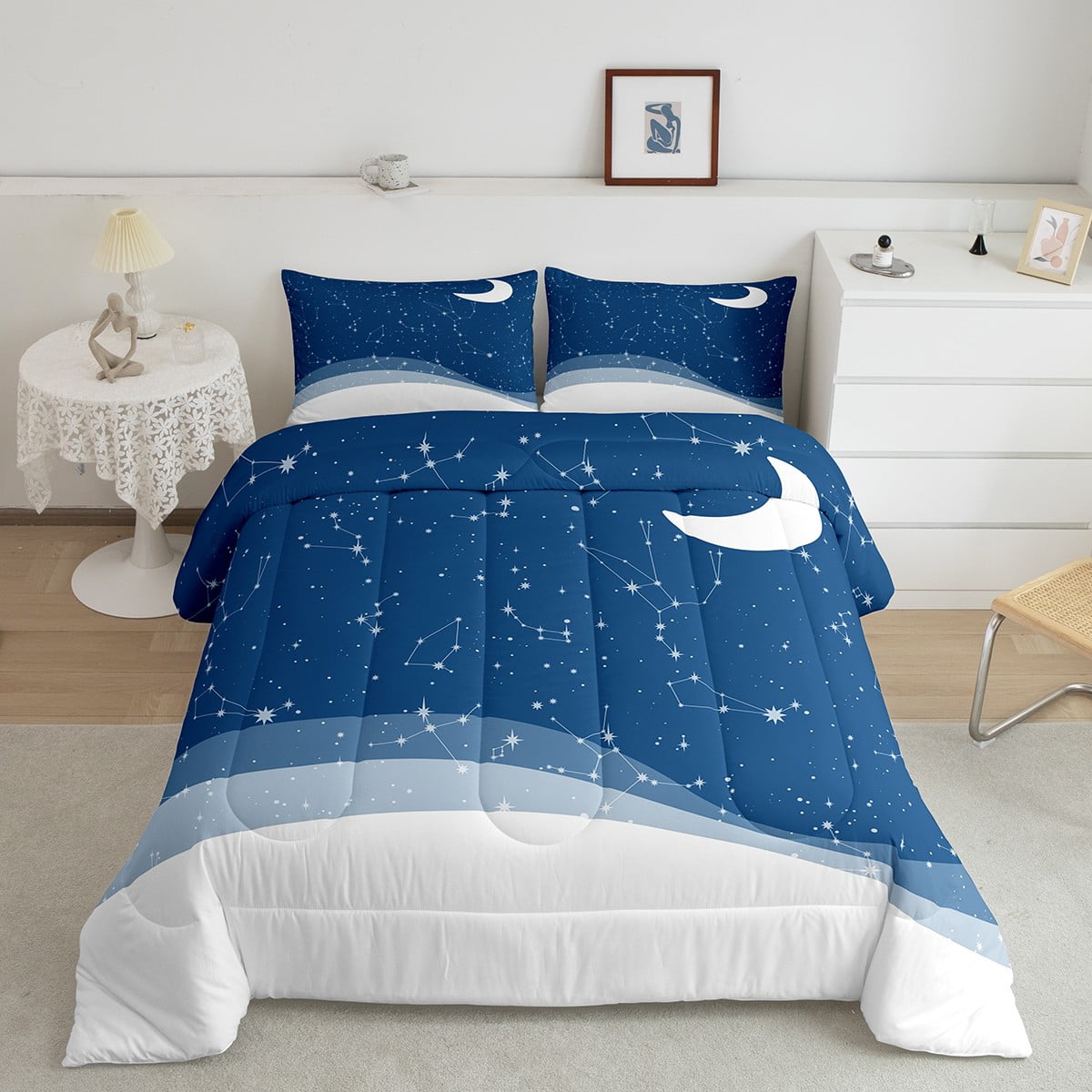 YST Moon Print Comforter Set Queen Sparkle Stars Bedding Set for Kids