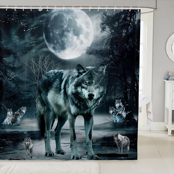 Moon Wolf Bath Curtain Woodland Animal Shower Curtain 72x78 Jungle Waterproof Bathroom Curtain Hippie Moon Night Waterproof Fabric Bedroom Decoration (Black Grey)