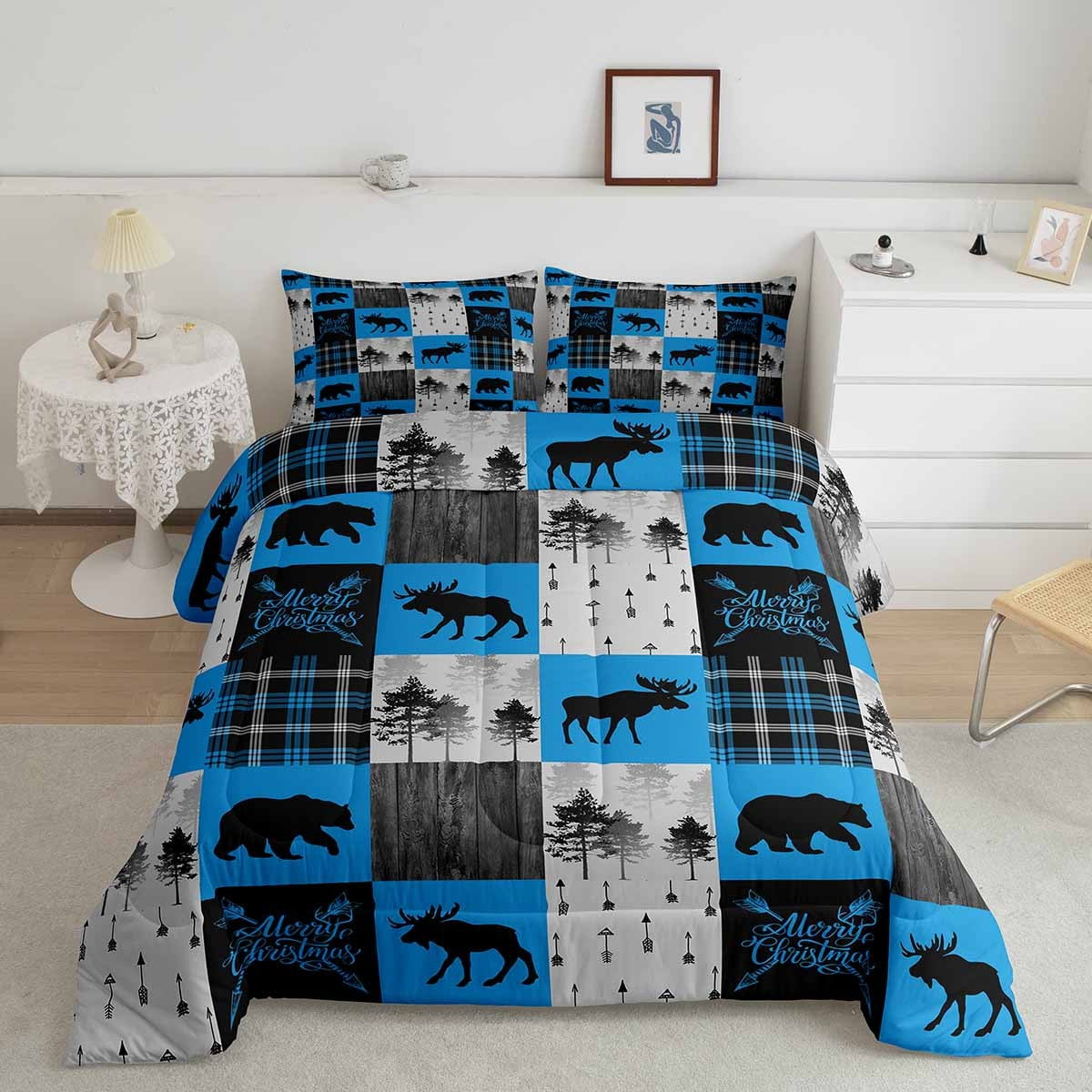 YST Moose Bear Bedding Set For Kids, Rustic Plaid Buffalo Patchwork