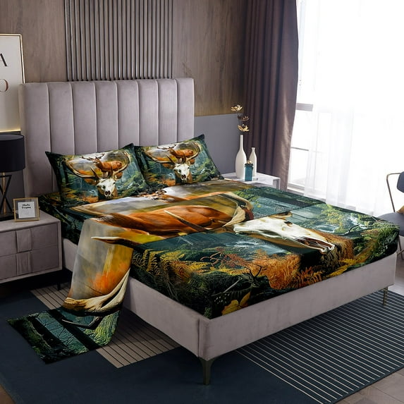 Moose Deer Bed Sheets Set Hunting Theme Twin Sheet Set, Mystic Jungle Woodland Sheets Animal Skull Skeleton Bed Set, Rustic Farmhouse Lodge Cabin Flat Sheet 3pcs