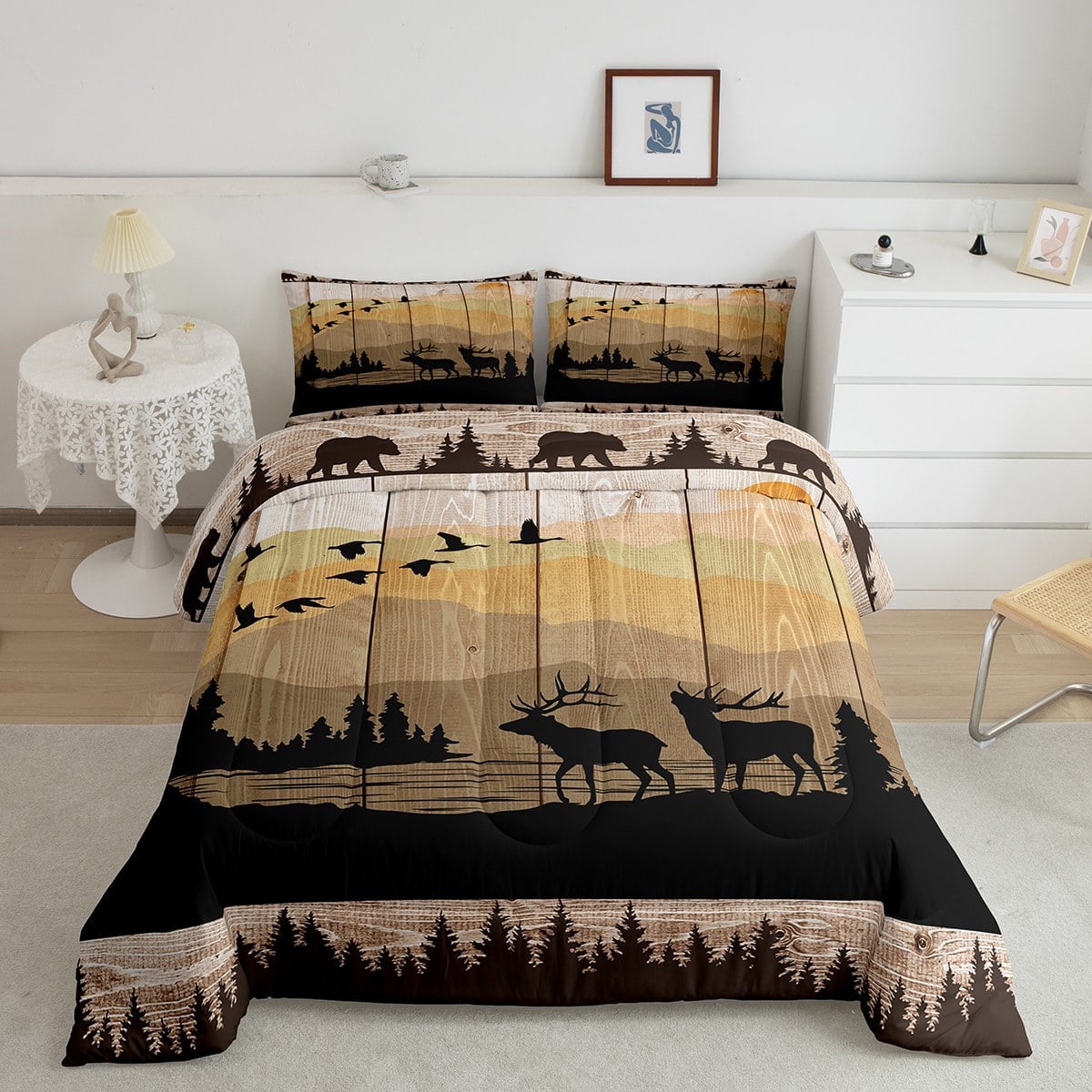 YST Moose Silhouette Bedding,Bear Elk Bear Comforter Set,King Duvet Insert Woodland Retro Pine