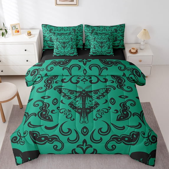 Moth Gothic King Bedding Set Baroque Damask Goth Bed In A Bag 7 Piece Halloween Green Black Death Moth Skull Comforter Set With Sheets Adults,Retro Animal Floral Bed Set
